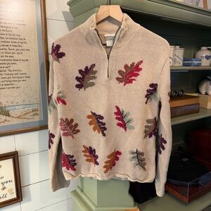 Vintage Cottagecore Fall Leaves Quarter-Zip Knit Sweater Size S
